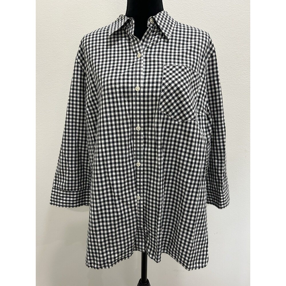Lauren Ralph Lauren Women 3X Shirt Gingham Button Up 3/4 Sleeve Black White
